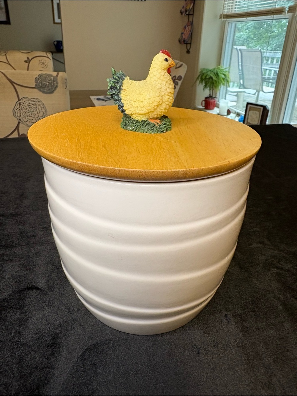 Ceramic White Kitchen Canister with Wooden Lid and Yellow Hen Knob - Picture 3 of 6